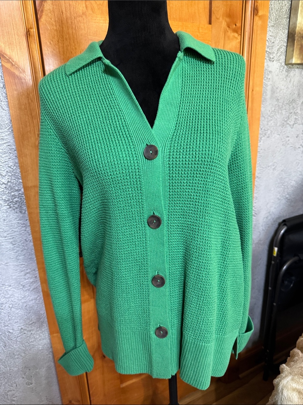 J. Jill Green Button-Front Waffle Knit Sweater Cardigan